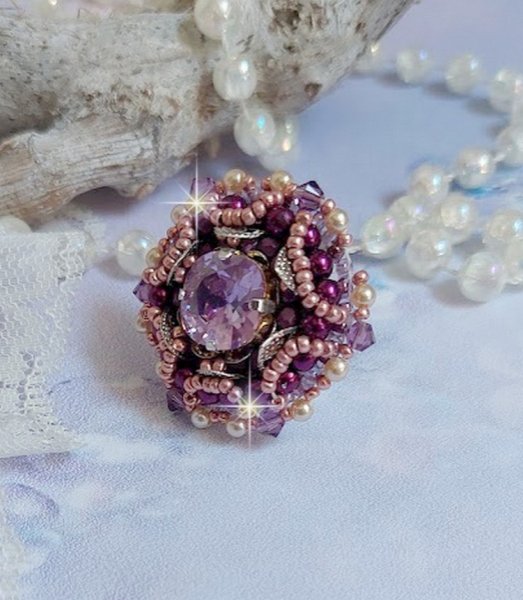 Chinese Purple Stone ring embroidered with Swarovski crystals and seed beads