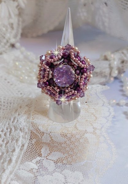 Chinese Purple Stone ring embroidered with Swarovski crystals and seed beads