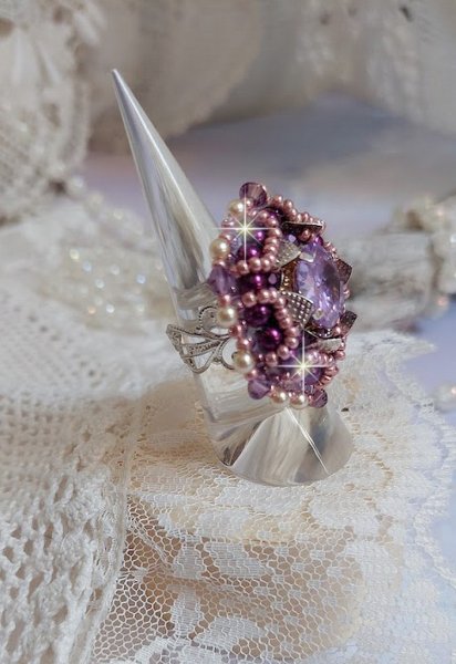 Chinese Purple Stone ring embroidered with Swarovski crystals and seed beads