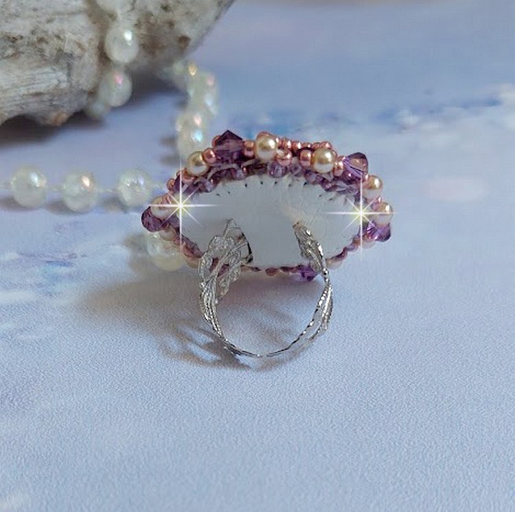 Chinese Purple Stone ring embroidered with Swarovski crystals and seed beads