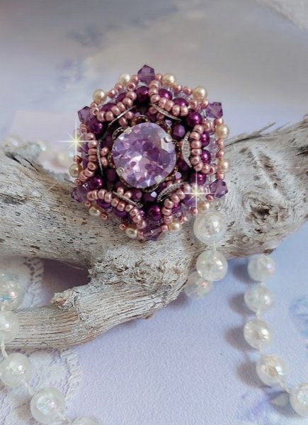 Chinese Purple Stone ring embroidered with Swarovski crystals and seed beads