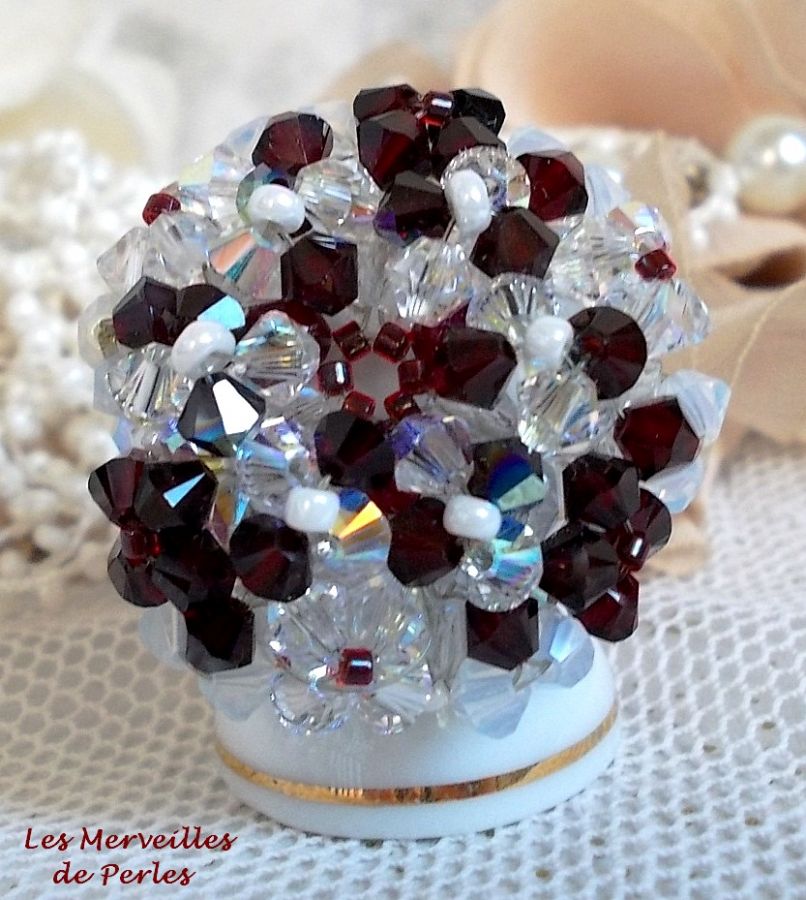 Garnet and White ring with facets and spinners in Swarovski crystal