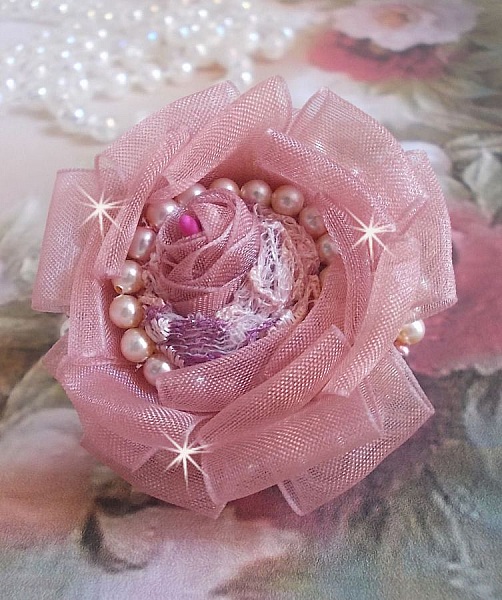Douceur Poudr&eacute;e Haute-Couture ring created with very fine lace, Old Rose Antique Organza ribbon, Swarovski crystals and Miyuki seed beads.