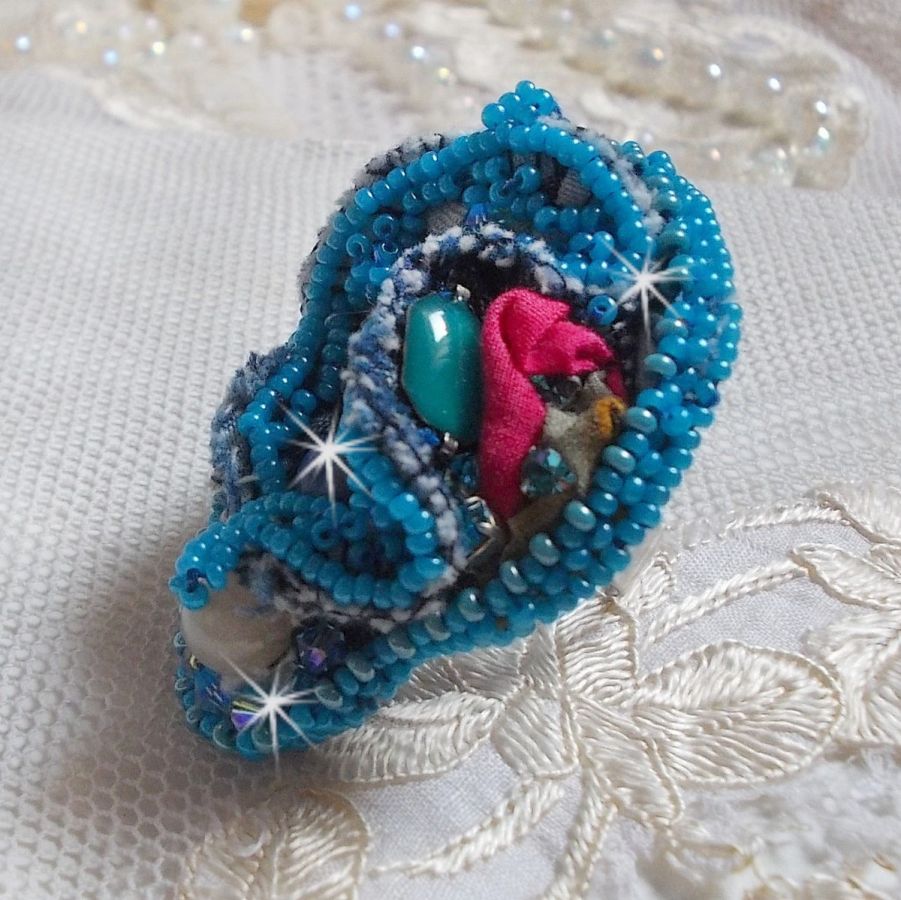 Far West ring all in denim embroidered with semi-precious beads Sodalite, Jade and other beads