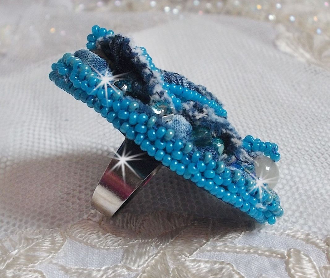 Far West ring all in denim embroidered with semi-precious beads Sodalite, Jade and other beads