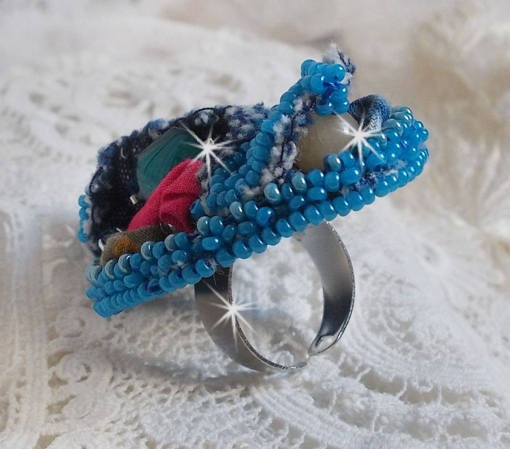 Far West ring all in denim embroidered with semi-precious beads Sodalite, Jade and other beads