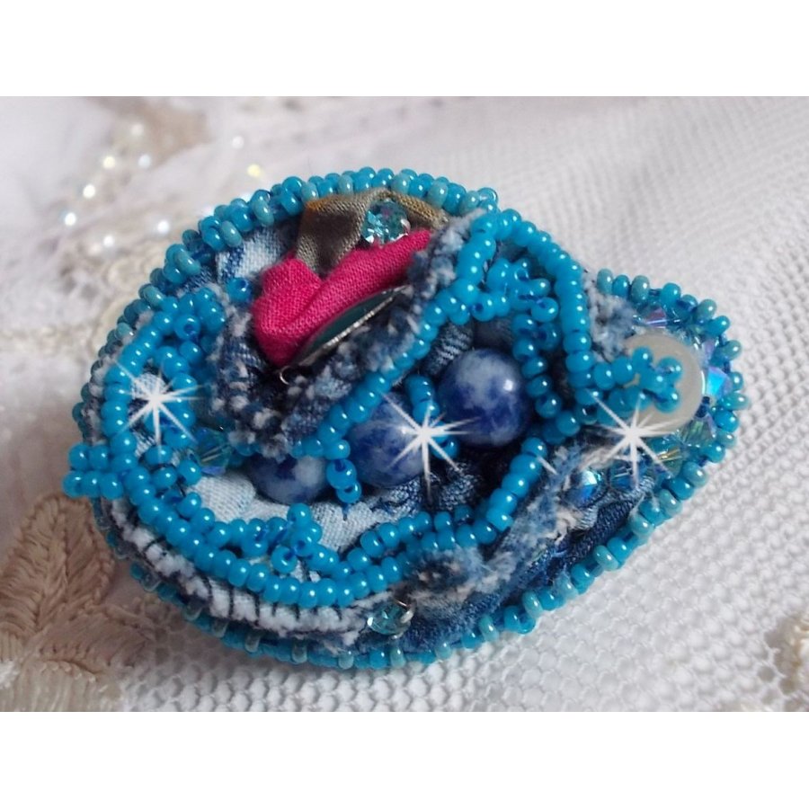 Far West ring all in denim embroidered with semi-precious beads Sodalite, Jade and other beads