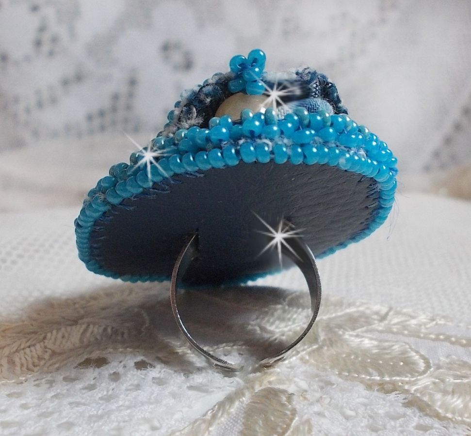 Far West ring all in denim embroidered with semi-precious beads Sodalite, Jade and other beads