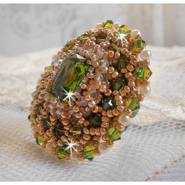 Garden Party ring embroidered with a 1960's bohemian crystal cabochon, Swarovski crystals, pearl beads and seed beads 