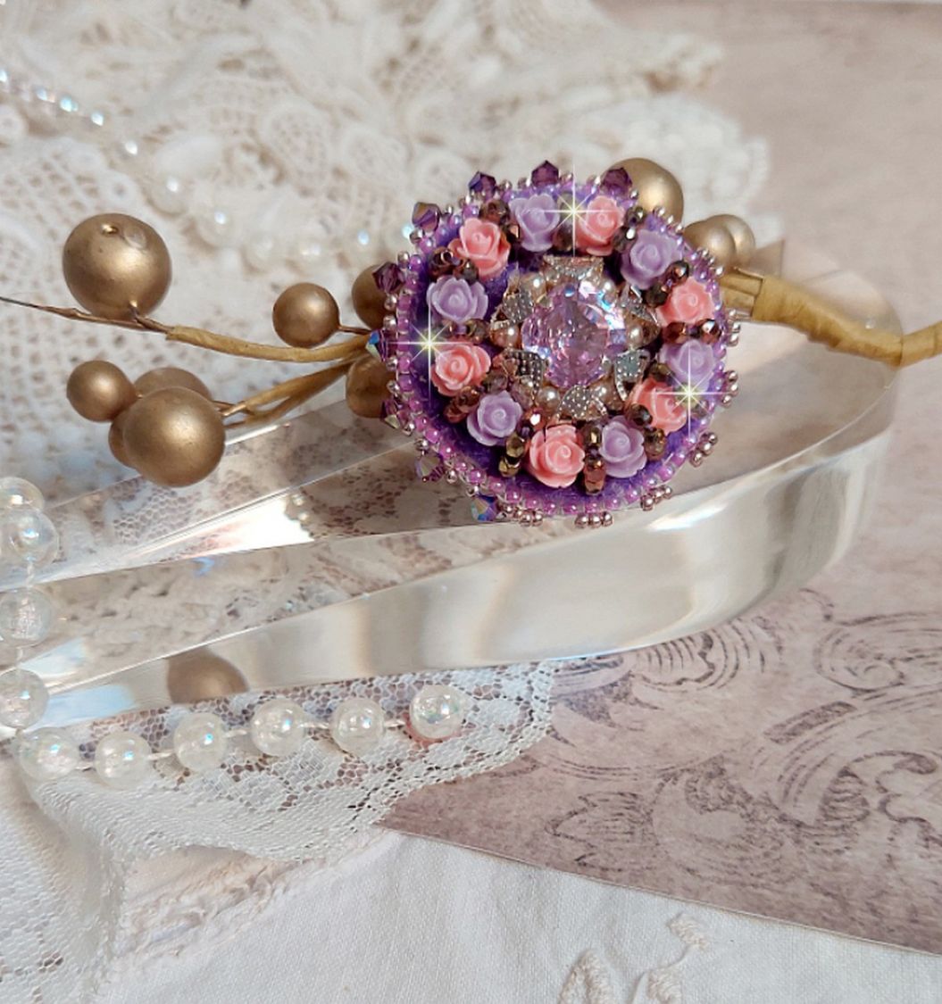 Ice Purple ring embroidered with Swarovski crystals and resin roses