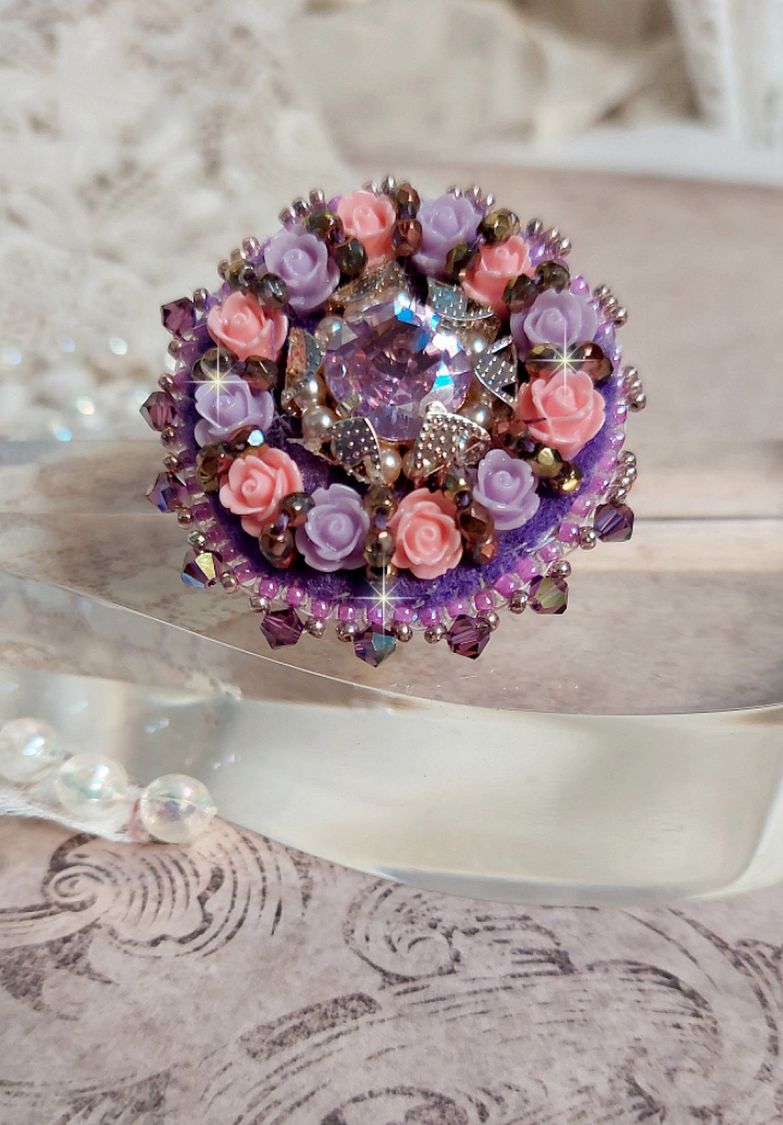 Ice Purple ring embroidered with Swarovski crystals and resin roses