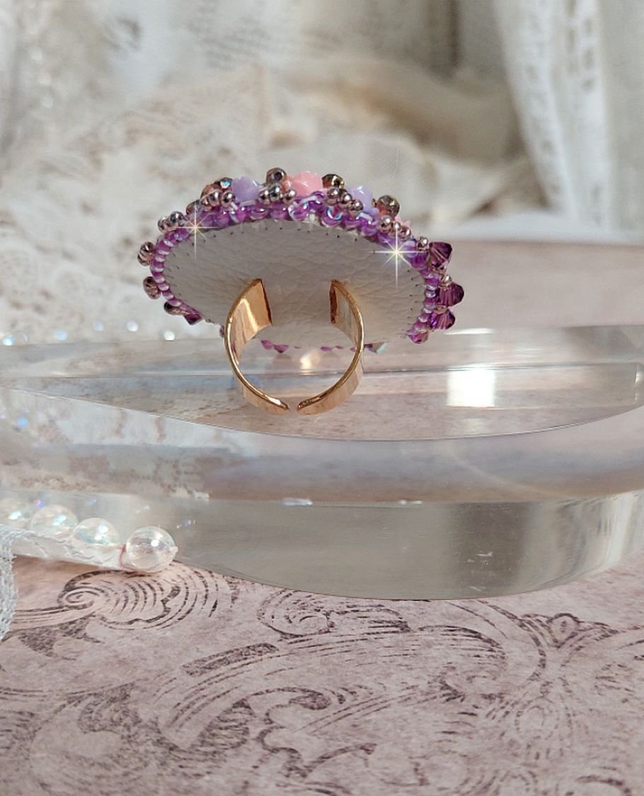 Ice Purple ring embroidered with Swarovski crystals and resin roses