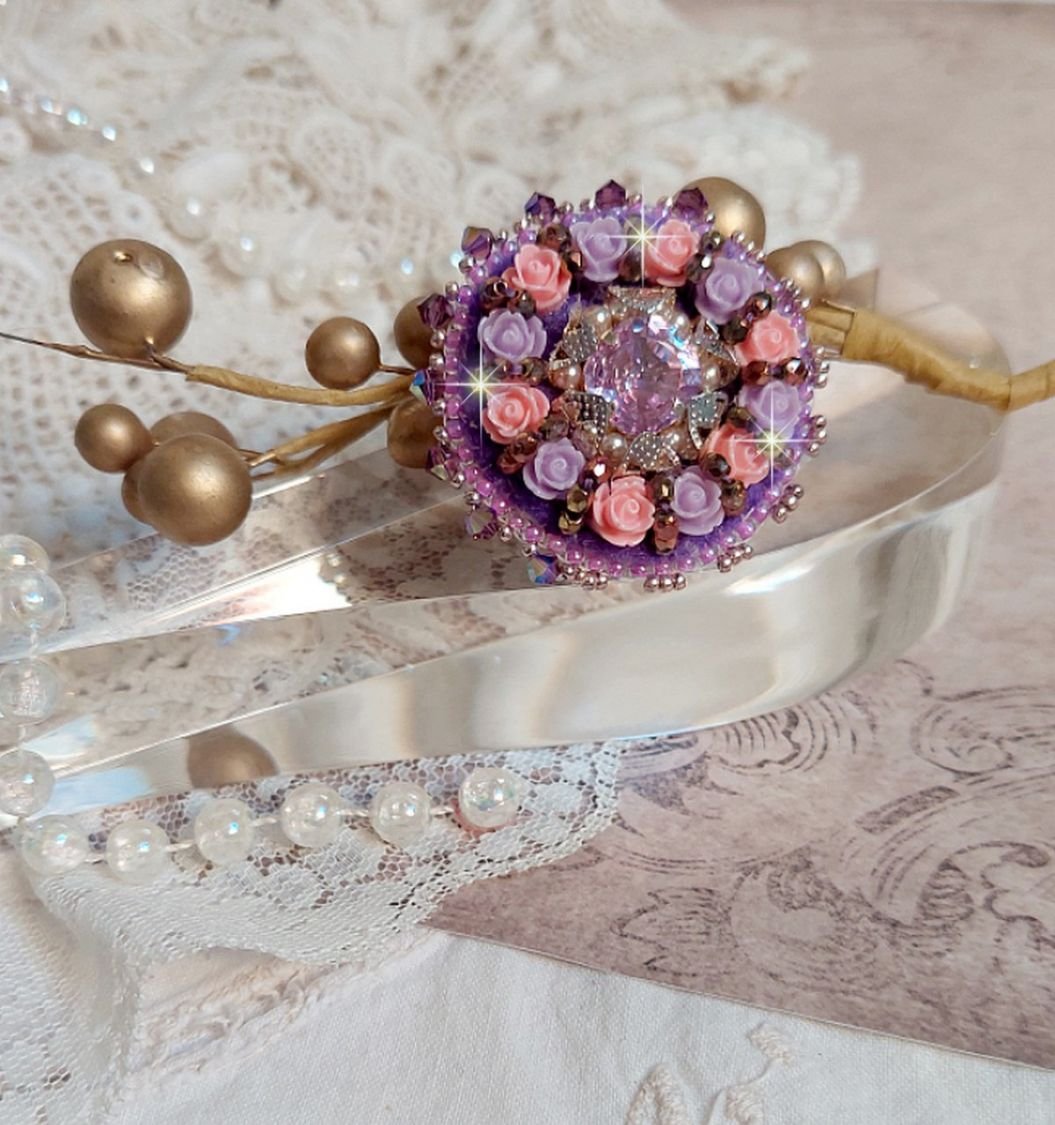 Ice Purple ring embroidered with Swarovski crystals and resin roses