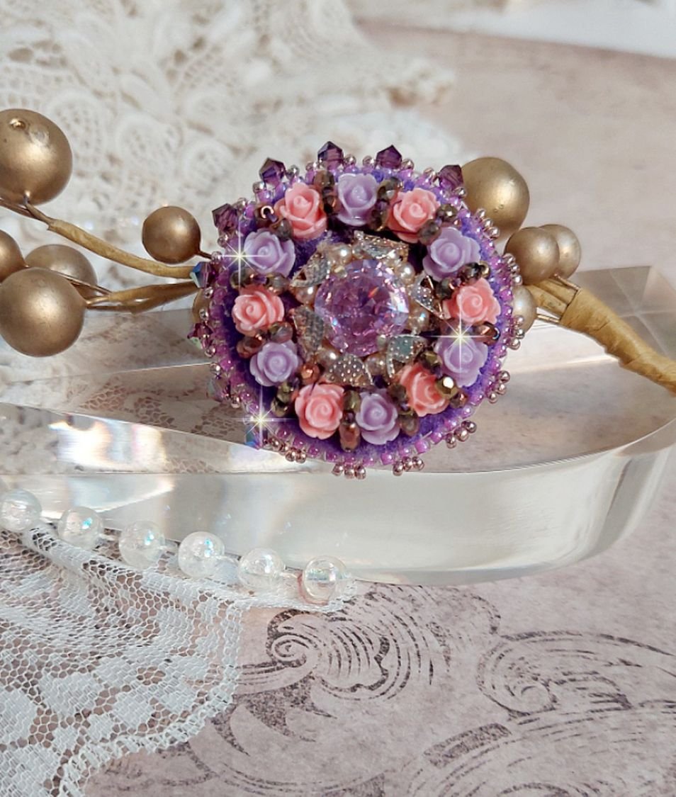 Ice Purple ring embroidered with Swarovski crystals and resin roses