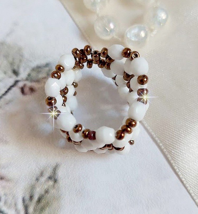 Horizon ring with white opal faceted bohemian glass