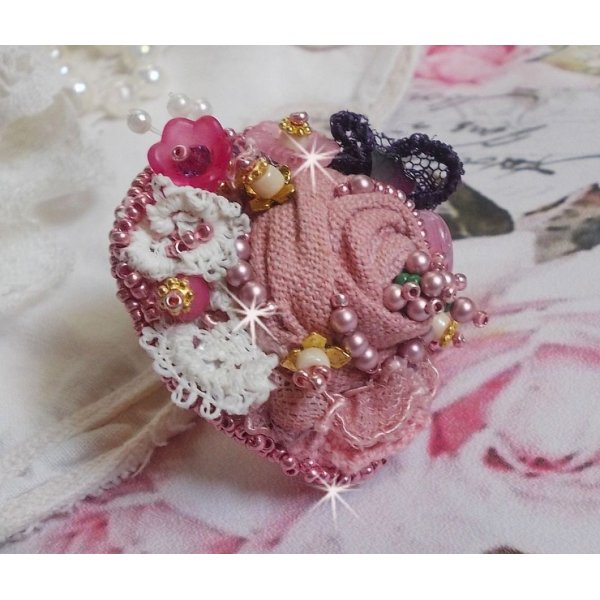Poetic Garden ring embroidered with linen, fine lace, Swarovski crystals, Mother of Pearl leaf, Lucite flowers, glass beads and seed beads 