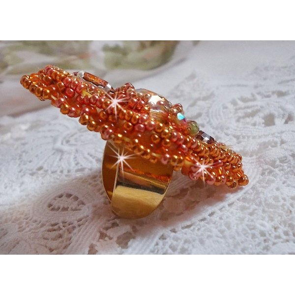 Rumba ring embroidered with a beautiful orange Swarovski crystal, facets and Miyuki beads