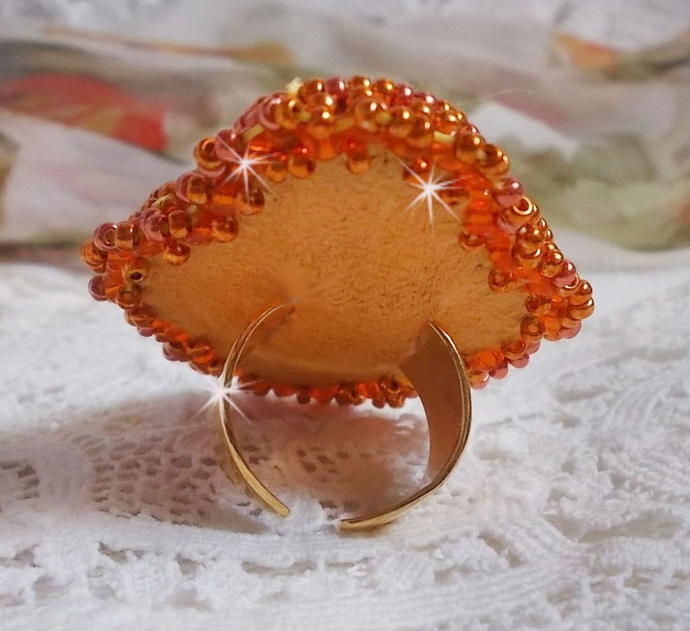 Rumba ring embroidered with a beautiful orange Swarovski crystal, facets and Miyuki beads