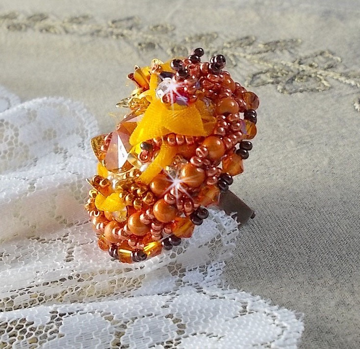 Ring Les Rêves d'Acapulco embroidered with Swarovski crystals, Miyuki seed beads, glass and beads Chic Boho Ethnic style