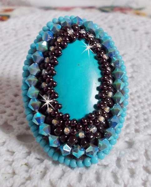 Turquoise ring embroidered with a Turquoise cabochon, PureCrystal spinners and seed beads