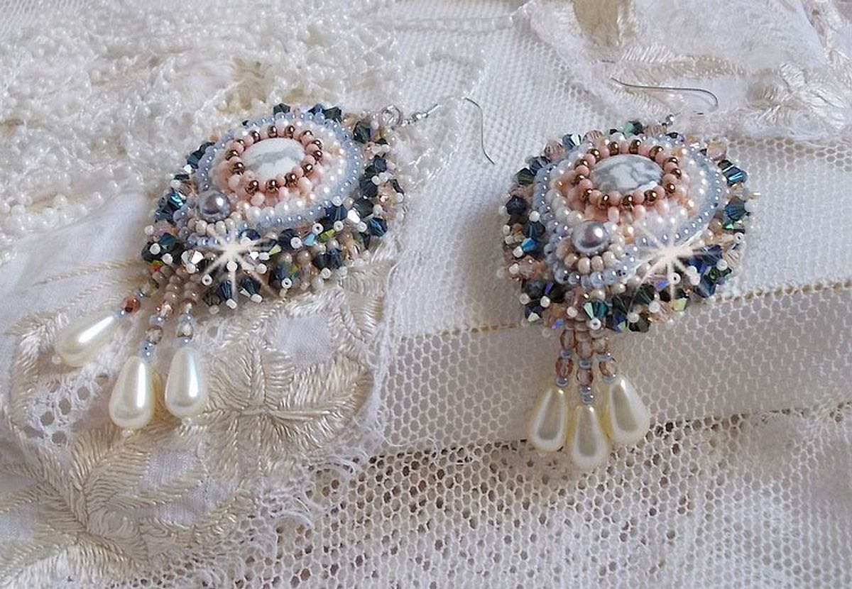 Angelique Marquise des Anges Haute-Couture embroidered with gemstones (white Howlite cabochons), Swarovski crystals and seed beads