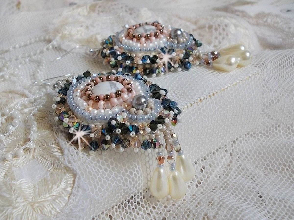 Angelique Marquise des Anges Haute-Couture embroidered with gemstones (white Howlite cabochons), Swarovski crystals and seed beads