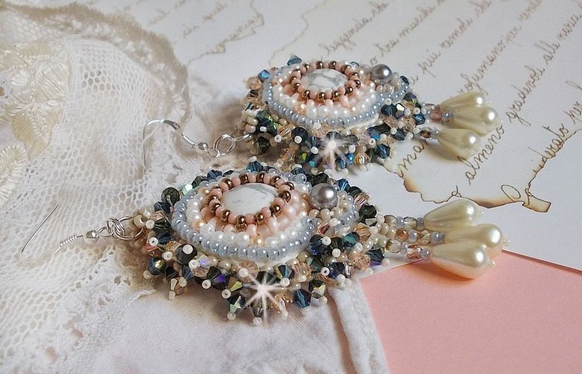 Angelique Marquise des Anges Haute-Couture embroidered with gemstones (white Howlite cabochons), Swarovski crystals and seed beads