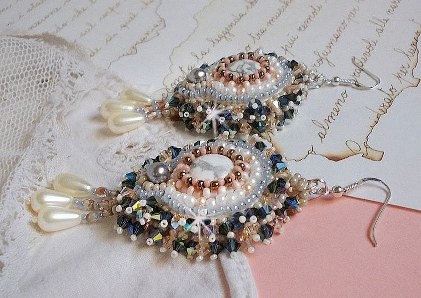 Angelique Marquise des Anges Haute-Couture embroidered with gemstones (white Howlite cabochons), Swarovski crystals and seed beads