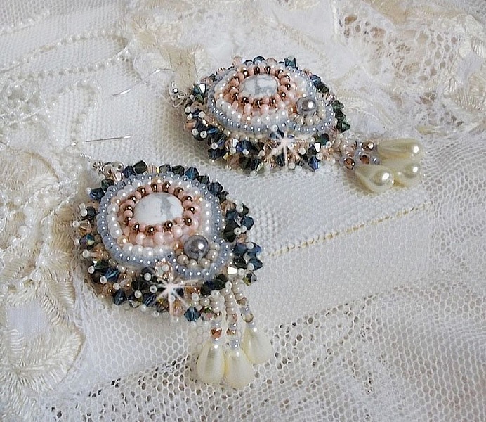 Angelique Marquise des Anges Haute-Couture embroidered with gemstones (white Howlite cabochons), Swarovski crystals and seed beads