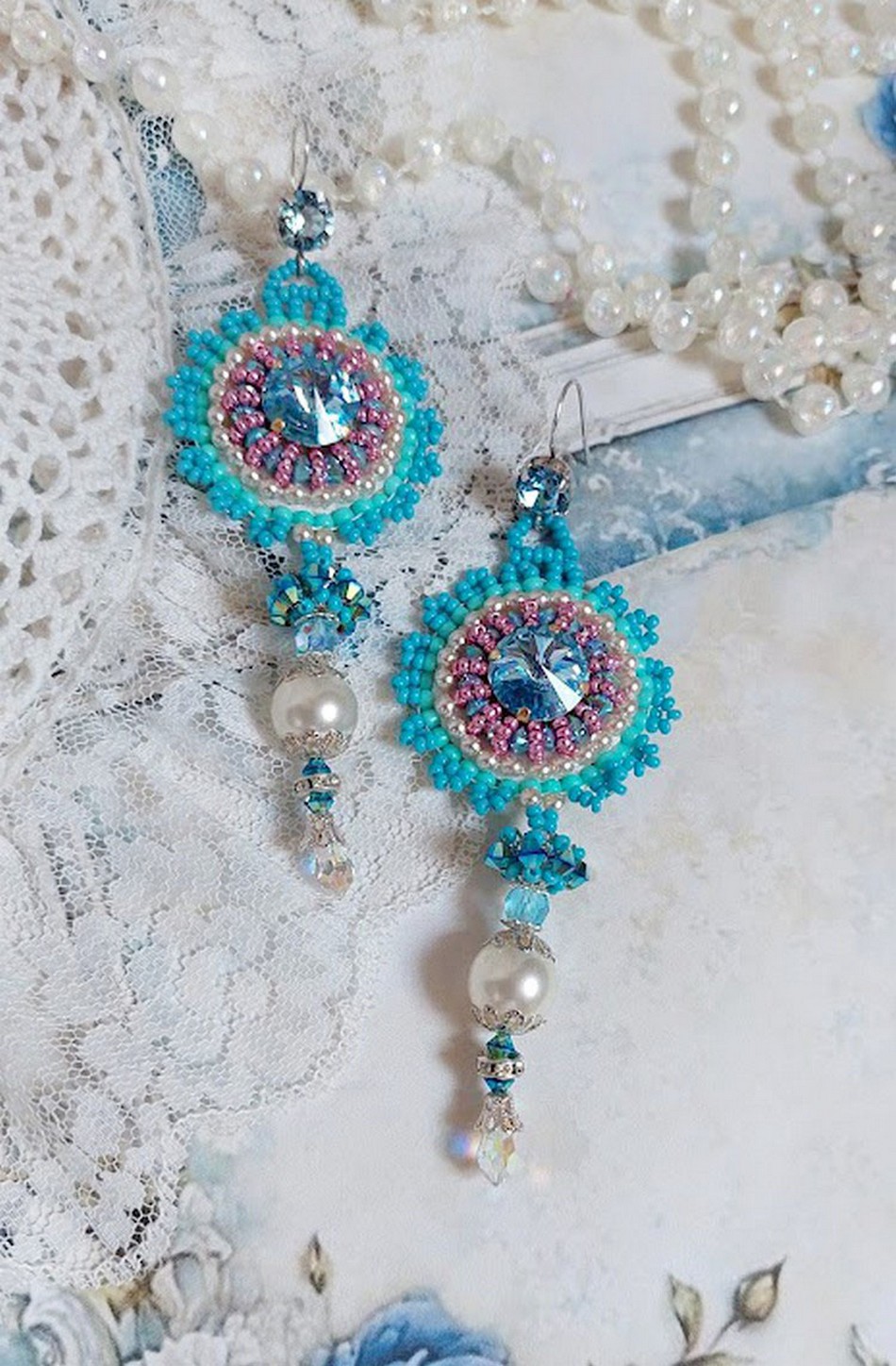 BO Beauty Alicia Blue embroidered with Swarovski crystals, round pearl beads and Miyuki seed beads