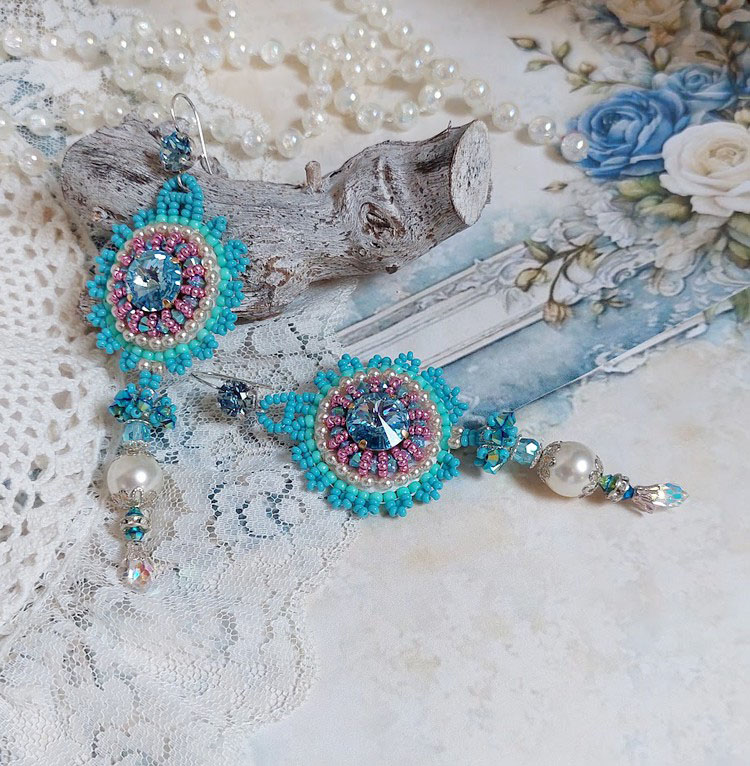 BO Beauty Alicia Blue embroidered with Swarovski crystals, round pearl beads and Miyuki seed beads