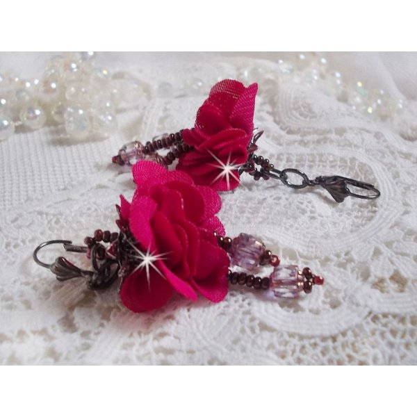 BO Belle H&eacute;l&egrave;ne created with a fuchsia fabric flower, faceted Antique Crystal Bronze and seed beads