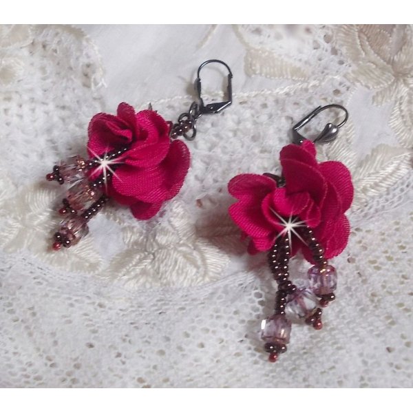 BO Belle H&eacute;l&egrave;ne created with a fuchsia fabric flower, faceted Antique Crystal Bronze and seed beads