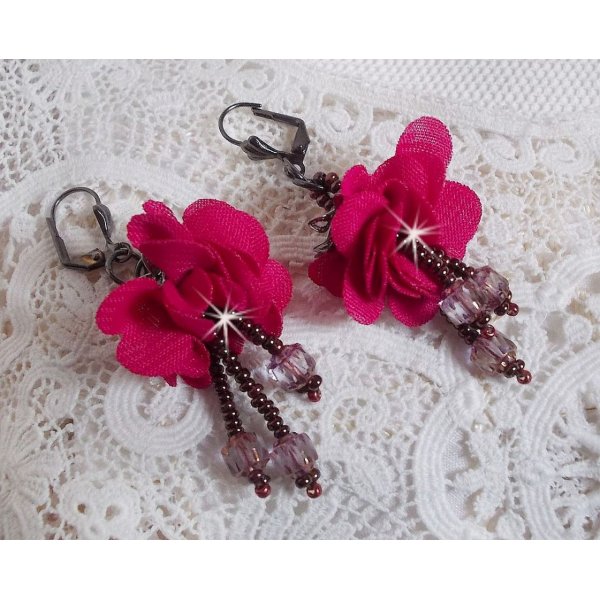 BO Belle H&eacute;l&egrave;ne created with a fuchsia fabric flower, faceted Antique Crystal Bronze and seed beads