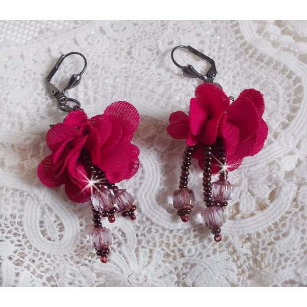 BO Belle H&eacute;l&egrave;ne created with a fuchsia fabric flower, faceted Antique Crystal Bronze and seed beads