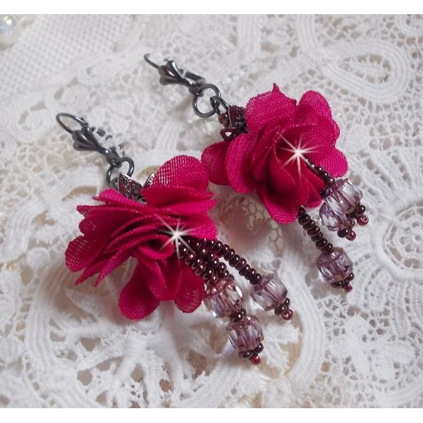 BO Belle H&eacute;l&egrave;ne created with a fuchsia fabric flower, faceted Antique Crystal Bronze and seed beads