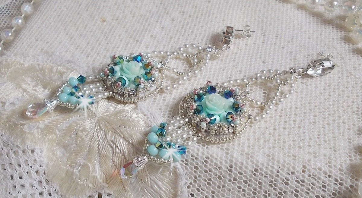 BO Blue Flowers Haute-Couture embroidered with Swarovski crystals, Mint colored resin cabochons, Miyuki seed beads and 925/1000 silver studs