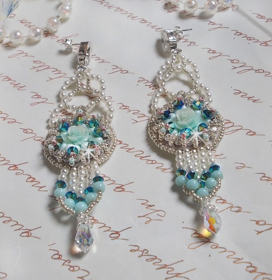 BO Blue Flowers Haute-Couture embroidered with Swarovski crystals, Mint colored resin cabochons, Miyuki seed beads and 925/1000 silver studs