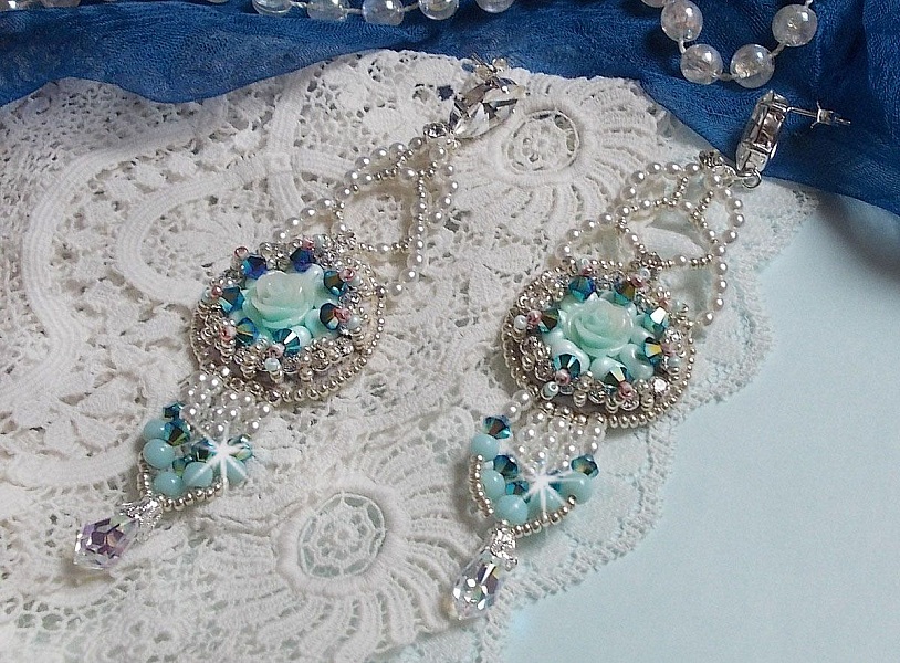 BO Blue Flowers Haute-Couture embroidered with Swarovski crystals, Mint colored resin cabochons, Miyuki seed beads and 925/1000 silver studs