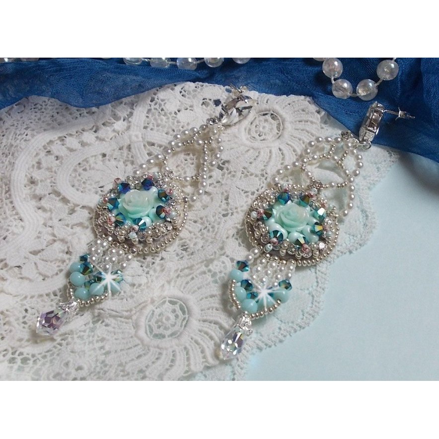 BO Blue Flowers Haute-Couture embroidered with Swarovski crystals, Mint colored resin cabochons, Miyuki seed beads and 925/1000 silver studs