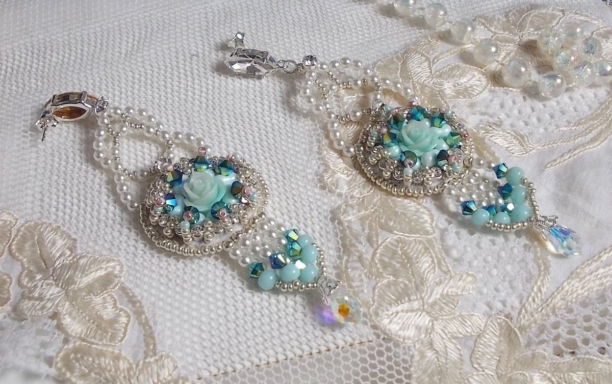 BO Blue Flowers Haute-Couture embroidered with Swarovski crystals, Mint colored resin cabochons, Miyuki seed beads and 925/1000 silver studs