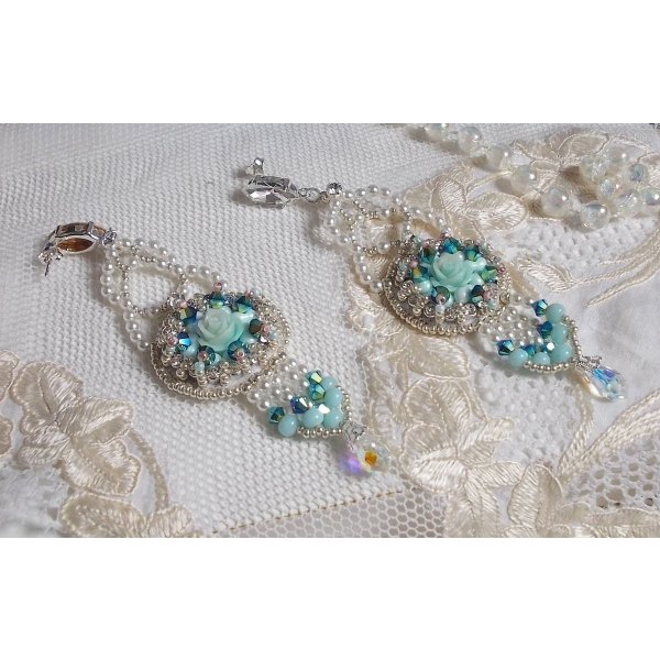 BO Blue Flowers Haute-Couture embroidered with Swarovski crystals, Mint colored resin cabochons, Miyuki seed beads and 925/1000 silver studs