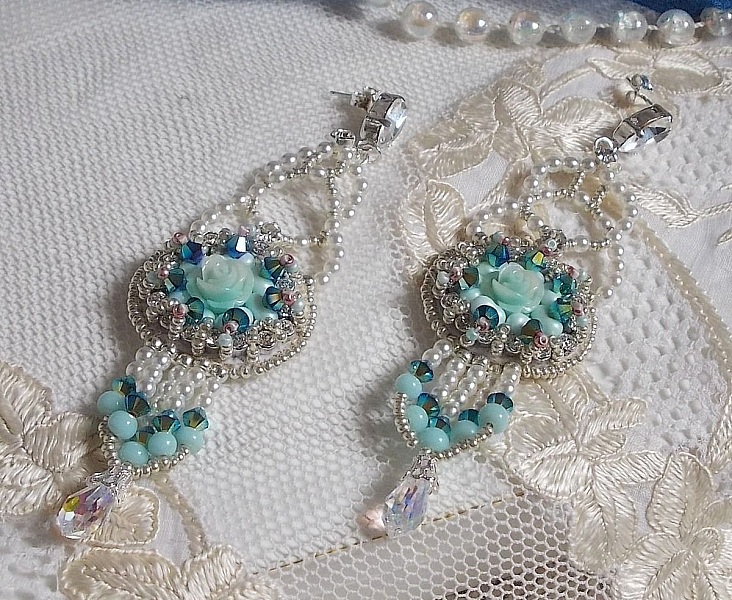 BO Blue Flowers Haute-Couture embroidered with Swarovski crystals, Mint colored resin cabochons, Miyuki seed beads and 925/1000 silver studs