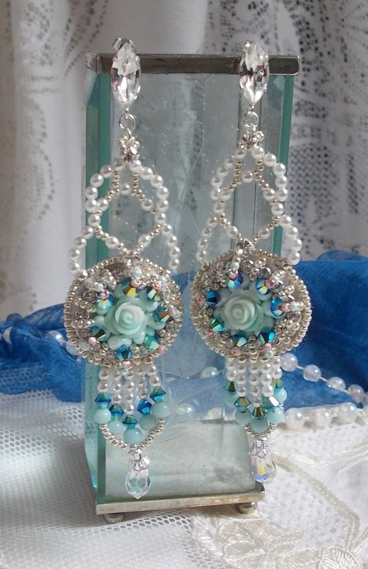 BO Blue Flowers Haute-Couture embroidered with Swarovski crystals, Mint colored resin cabochons, Miyuki seed beads and 925/1000 silver studs