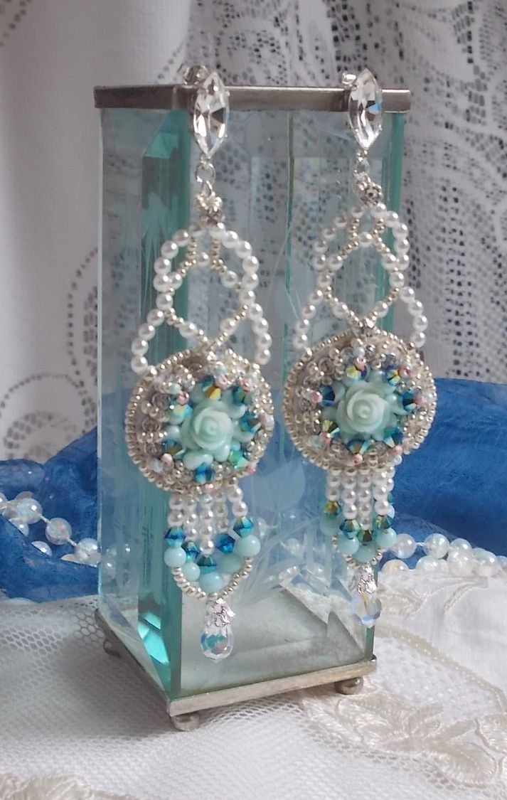 BO Blue Flowers Haute-Couture embroidered with Swarovski crystals, Mint colored resin cabochons, Miyuki seed beads and 925/1000 silver studs