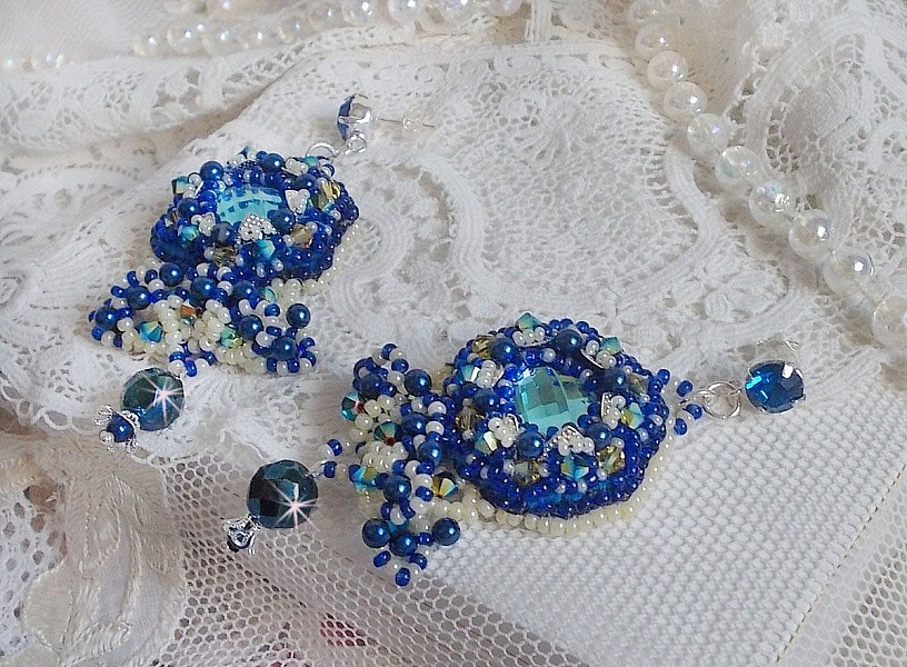 BO Blue Palace Haute-Couture embroidered with Swarovski crystals, pearly pearls, filigree prints and silver 925/1000 cabochon holders