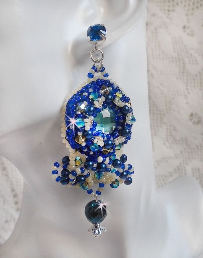 BO Blue Palace Haute-Couture embroidered with Swarovski crystals, pearly pearls, filigree prints and silver 925/1000 cabochon holders