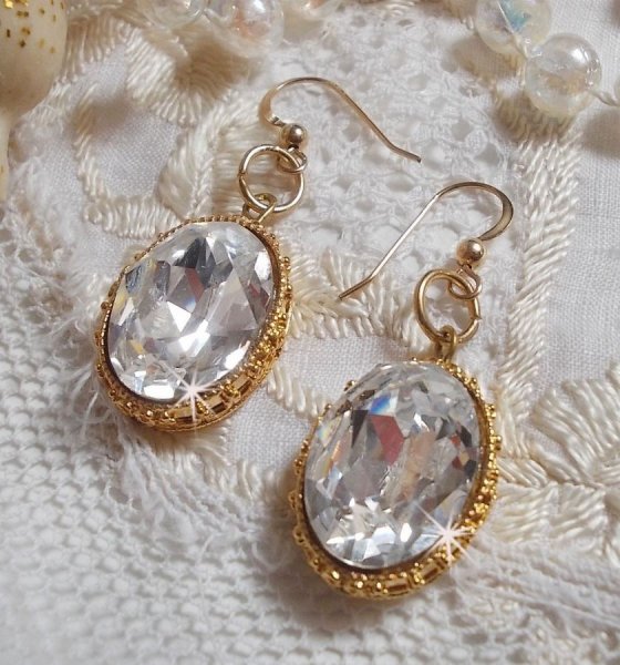 BO Gold Earrings with Swarovski crystals set in gold cabochons with 14 karat Gold Filled ear hooks