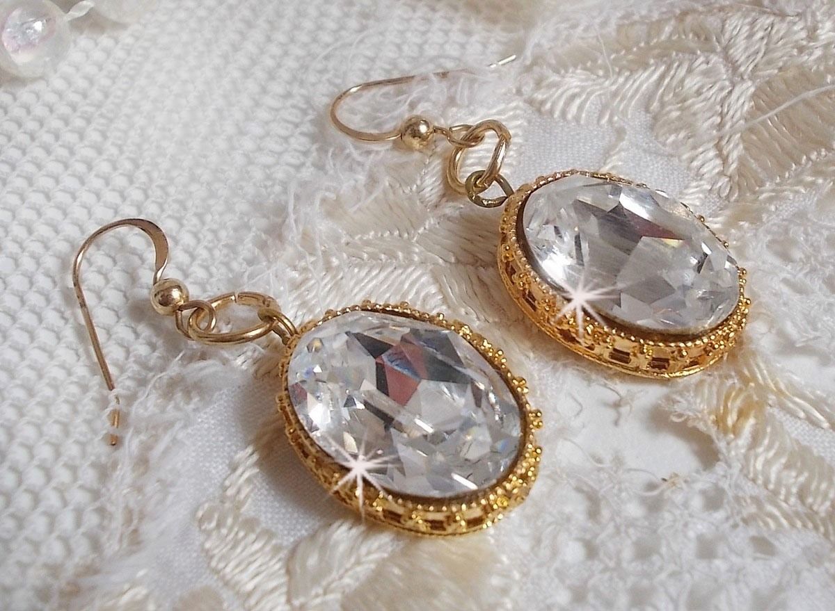 BO Gold Earrings with Swarovski crystals set in gold cabochons with 14 karat Gold Filled ear hooks