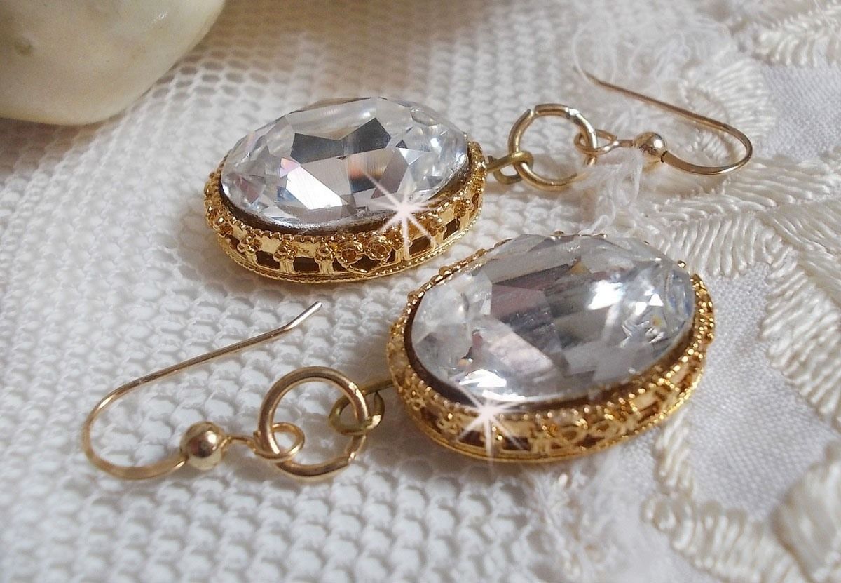 BO Gold Earrings with Swarovski crystals set in gold cabochons with 14 karat Gold Filled ear hooks